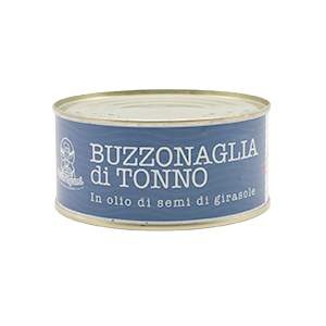 Buzzonaglia di Tonno – Buzzonaglia (oder Busonaglia) ist eine besondere Thunfischkonserve, die das weniger wertvolle Stück Fisch verwendet, das normalerweise in Öl verpackt ist. Es ist ein typisches Produkt von Sizilien, Sardinien und Ligurien.